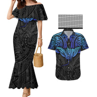 Polynesian Ray Pattern Couples Matching Mermaid Dress and Hawaiian Shirt TS04 Black Blue - Polynesian Pride
