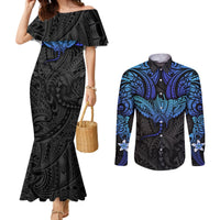 Polynesian Ray Pattern Couples Matching Mermaid Dress and Long Sleeve Button Shirt TS04 Black Blue - Polynesian Pride