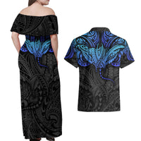 Polynesian Ray Pattern Couples Matching Off Shoulder Maxi Dress and Hawaiian Shirt TS04 - Polynesian Pride