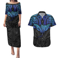 Polynesian Ray Pattern Couples Matching Puletasi Dress and Hawaiian Shirt TS04 Black Blue - Polynesian Pride