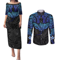 Polynesian Ray Pattern Couples Matching Puletasi Dress and Long Sleeve Button Shirt TS04 Black Blue - Polynesian Pride