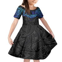 Polynesian Ray Pattern Family Matching Off Shoulder Short Dress and Hawaiian Shirt TS04 Daughter's Dress Black/Blue - Polynesian Pride