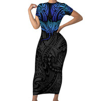 Polynesian Ray Pattern Short Sleeve Bodycon Dress TS04 Long Dress Black/Blue - Polynesian Pride