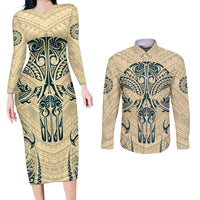 Polynesian Couples Matching Long Sleeve Bodycon Dress and Long Sleeve Button Shirts Warrior Skull with Tribal Patterns Tattoo Design TS04 Yellow - Polynesian Pride