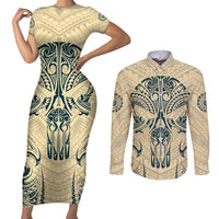 Polynesian Couples Matching Short Sleeve Bodycon Dress and Long Sleeve Button Shirts Warrior Skull with Tribal Patterns Tattoo Design TS04 Yellow - Polynesian Pride