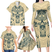 Polynesian Family Matching Long Sleeve Bodycon Dress and Hawaiian Shirt Warrior Skull with Tribal Patterns Tattoo Design TS04 - Polynesian Pride