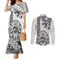 Hawaii Couples Matching Mermaid Dress and Long Sleeve Button Shirts with Polynesian Turtle TS04 Black White - Polynesian Pride