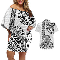 Hawaii Couples Matching Off Shoulder Short Dress and Hawaiian Shirt with Polynesian Turtle TS04 Black White - Polynesian Pride