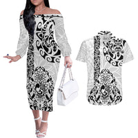 Hawaii Couples Matching Off The Shoulder Long Sleeve Dress and Hawaiian Shirt with Polynesian Turtle TS04 Black/White - Polynesian Pride