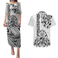 Hawaii Couples Matching Puletasi Dress and Hawaiian Shirt with Polynesian Turtle TS04 Black White - Polynesian Pride