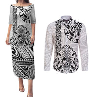 Hawaii Couples Matching Puletasi Dress and Long Sleeve Button Shirts with Polynesian Turtle TS04 Black White - Polynesian Pride
