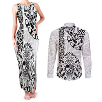 Hawaii Couples Matching Tank Maxi Dress and Long Sleeve Button Shirts with Polynesian Turtle TS04 Black/White - Polynesian Pride