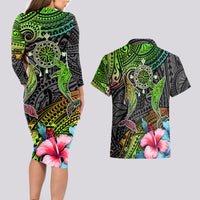 Polynesian Couples Matching Long Sleeve Bodycon Dress and Hawaiian Shirt Whales and Compass Gradient Pattern TS04 - Polynesian Pride