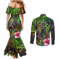 Polynesian Couples Matching Mermaid Dress and Long Sleeve Button Shirts Whales and Compass Gradient Pattern TS04 - Polynesian Pride