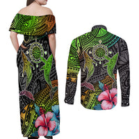 Polynesian Couples Matching Off Shoulder Maxi Dress and Long Sleeve Button Shirts Whales and Compass Gradient Pattern TS04 - Polynesian Pride