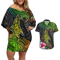 Polynesian Couples Matching Off Shoulder Short Dress and Hawaiian Shirt Whales and Compass Gradient Pattern TS04 Gradient - Polynesian Pride