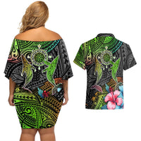 Polynesian Couples Matching Off Shoulder Short Dress and Hawaiian Shirt Whales and Compass Gradient Pattern TS04 - Polynesian Pride