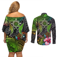 Polynesian Couples Matching Off Shoulder Short Dress and Long Sleeve Button Shirts Whales and Compass Gradient Pattern TS04 - Polynesian Pride