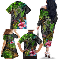 Polynesian Family Matching Off Shoulder Long Sleeve Dress and Hawaiian Shirt Whales and Compass Gradient Pattern TS04 - Polynesian Pride