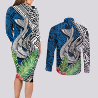 Polynesian Couples Matching Long Sleeve Bodycon Dress and Long Sleeve Button Shirts Whale Pattern and Hibiscus Flowers TS04 - Polynesian Pride