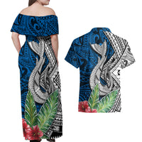 Polynesian Couples Matching Off Shoulder Maxi Dress and Hawaiian Shirt Whale Pattern and Hibiscus Flowers TS04 - Polynesian Pride
