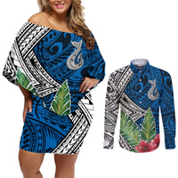 Polynesian Couples Matching Off Shoulder Short Dress and Long Sleeve Button Shirts Whale Pattern and Hibiscus Flowers TS04 Multicolor - Polynesian Pride