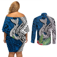 Polynesian Couples Matching Off Shoulder Short Dress and Long Sleeve Button Shirts Whale Pattern and Hibiscus Flowers TS04 - Polynesian Pride