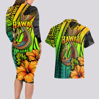 Hawaii Couples Matching Long Sleeve Bodycon Dress and Hawaiian Shirt Polynesian Fish Hook and Hibiscus Flowers with Gradient Pattern TS04 - Polynesian Pride