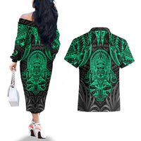 Polynesian Couples Matching Off The Shoulder Long Sleeve Dress and Hawaiian Shirt Abstract Tiki TS04 - Polynesian Pride