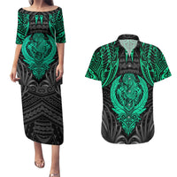 Polynesian Couples Matching Puletasi Dress and Hawaiian Shirt Abstract Tiki TS04 Black Yellow - Polynesian Pride