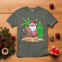 Christmas In Hawaii T Shirt Flamingo Float Xmas Palm Tree Surfboard Cute Santa At Beach TS09 Military Green - Polynesian Pride