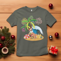 Christmas In Hawaii T Shirt Palm Tree Firework Santa At Beach Drinking Coconut TS09 Military Green - Polynesian Pride