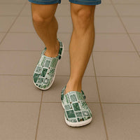 Vintage Aloha Block Quilt Clogs Shoes Green Inspired Lei Motifs - Polynesian Pride