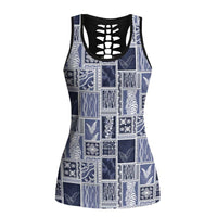 Vintage Aloha Block Quilt Hollow Tank Top Blue Inspired Lei Motifs - Polynesian Pride