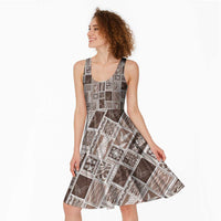 Vintage Aloha Block Quilt Midi Dress Beige Inspired Lei Motifs - Polynesian Pride