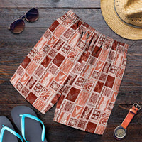 Vintage Aloha Block Quilt Shorts for Men Red Inspired Lei Motifs - Polynesian Pride