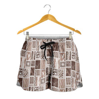 Vintage Aloha Block Quilt Shorts for Women Beige Inspired Lei Motifs - Polynesian Pride