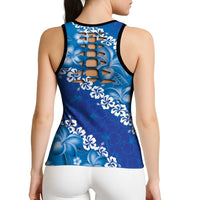 Vintage Blue Polynesia Hollow Tank Top Plumeria With Hibiscus Tropical Vibes - Polynesian Pride