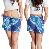 Vintage Blue Polynesia Shorts for Women Plumeria With Hibiscus Tropical Vibes - Polynesian Pride