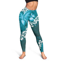 Vintage Dark Cyan Polynesia Leggings Plumeria With Hibiscus Tropical Vibes - Polynesian Pride