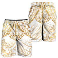 White and Gold Polynesia Shorts for Men Plumeria Tattoo With Polynesian Pattern - Polynesian Pride
