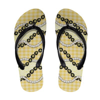 Yellow Palaka Hawaii Flip Flops Kukui Nut Pikake Lei Hawaiian Tapa Pattern - Polynesian Pride