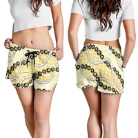 Yellow Palaka Hawaii Shorts for Women Kukui Nut Pikake Lei Hawaiian Tapa Pattern - Polynesian Pride