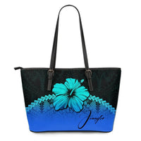 (Custom Personalised) Polynesian Leather Tote Bag Hibiscus Personal Signature Blue - Polynesian Pride