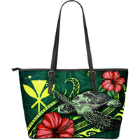 Hawaii Polynesian Leather Tote Bag - Green Turtle Hibiscus Green - Polynesian Pride