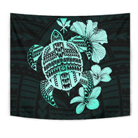 Hawaiian Kanaka Hibiscus Plumeria Mix Polynesian Turtle Tapestry Turquoise AH Wall Tapestry Turquoise - Polynesian Pride