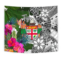 Fiji Tapestry White - Turtle Plumeria Banana Leaf Crest Wall Tapestry White - Polynesian Pride