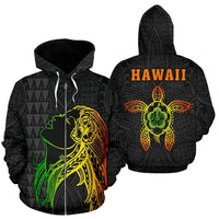 Hula Girl and Turtle Hibiscus Zip up Hoodie Unisex Black - Polynesian Pride