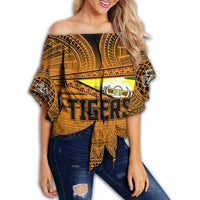 Polynesian Pride Clothing - Lae Snax Tigers Off Shoulder Wrap Waist Top Flag Tapa Pattern Stronic Style Women Black - Polynesian Pride