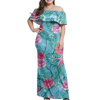 Polynesian Pride Dress - Tropical Hibiscus Blue Off Shoulder Long Dress Long Dress Blue - Polynesian Pride